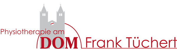 Logo der Praxis. Vor der grauen Silhouette des Doms steht der rote Schriftzug "Physiotherapie am Dom Frank Tüchert".